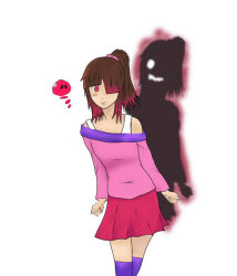 Rule 34 | akumu (glitchtale), bete noire, brown hair, glitchtale, ponytail, red eyes, red hair, red skirt, skirt, smile, white background
