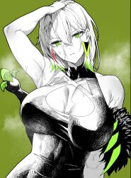 Rule 34 | 1girl, armpits, bare shoulders, breasts, cleavage, diabellstar the black witch, duel monster, enmo takeshita, expressionless, green eyes, green hair, hand on own head, highres, large breasts, shirt, sleeveless, sleeveless shirt, solo, spot color, steaming body, sweat, yu-gi-oh!