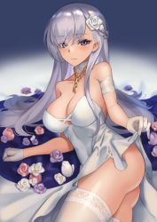 Rule 34 | 1girl, absurdres, ass, azur lane, bare shoulders, belfast (azur lane), blush, braid, breasts, cleavage, closed mouth, clothes lift, dress, dress lift, flower, french braid, gloves, hair flower, hair ornament, highres, huge filesize, long hair, looking at viewer, lordol, lying, medium breasts, on side, purple eyes, silver hair, simple background, solo, thighhighs, thighs, white dress, white gloves, white thighhighs
