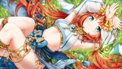 Rule 34 | 1girl, aqua eyes, armpits, arms up, breasts, brooch, closed mouth, comodomodo, crystalfly (genshin impact), detached sleeves, forehead jewel, genshin impact, glint, gold, gold trim, grass, harem outfit, highres, jewelry, long hair, looking at viewer, nilou (genshin impact), orange hair, outdoors, small breasts, smile, solo, thighlet, twintails, very long hair