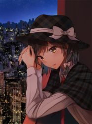 Rule 34 | 1girl, bow, brown eyes, brown hair, building, city, city lights, cityscape, fedora, fumei (mugendai), hat, hat bow, looking at viewer, necktie, night, night sky, open mouth, photo background, plaid, plaid capelet, red necktie, revision, sky, skyline, skyscraper, solo, star (sky), starry sky, touhou, upper body, usami renko, white bow, wing collar