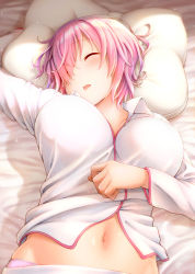 Rule 34 | 1girl, arm up, bed, bed sheet, blush, breasts, closed eyes, collared shirt, commentary request, contllenge, fate/grand order, fate (series), hair over one eye, indoors, large breasts, light purple hair, long sleeves, lying, mash kyrielight, navel, on back, on bed, open mouth, panties, pillow, pink panties, shirt, short hair, sleeping, solo, underwear, white shirt, wing collar