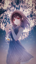 Rule 34 | 1girl, absurdres, artist name, bag, blurry, blurry background, blush, brown hair, dress, fireworks, fish, goldfish, hands up, highres, holding, holding bag, looking at viewer, medium hair, nekoyama iori, night, original, outdoors, parted lips, red eyes, sleeveless, sleeveless dress, solo, standing, white dress
