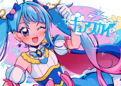 Rule 34 | 1girl, :d, absurdres, blue eyes, blue hair, blush, commentary request, cure sky, earrings, eyelashes, gloves, hair ornament, happy, highres, hirogaru sky! precure, htcf2334, jewelry, long hair, looking at viewer, magical girl, multicolored hair, one eye closed, open mouth, pink hair, precure, smile, solo, sora harewataru, streaked hair, translation request, twintails, white gloves