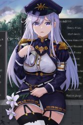Rule 34 | 1girl, 86 -eightysix-, absurdres, crying, crying with eyes open, epaulettes, flower, garter straps, grave, hair between eyes, hand on own chest, highres, holding, holding flower, long hair, military, military uniform, purple eyes, raiiniichts, silver hair, sitting, tears, thighhighs, thighs, tombstone, uniform, vladilena millize