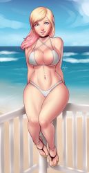 Rule 34 | 1girl, arms behind back, artist name, beach, bikini, blue eyes, breasts, character request, cleavage, feet, highres, large breasts, legs, lipstick, looking at viewer, makeup, medium hair, navel, navel piercing, ocean, piercing, pink lips, sandals, sitting, smile, swimsuit, thick thighs, thighs, toned, water, white bikini