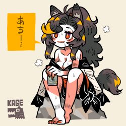 Rule 34 | 1girl, alcohol, alternate costume, animal ears, barefoot, beer, beer can, breasts, brown hair, can, cleavage, dress, drink can, hair tie, imaizumi kagerou, long hair, medium breasts, nail polish, off-shoulder dress, off shoulder, ponytail, red eyes, solo, sweat, touhou, wolf ears, wolf girl, yt (wai-tei)