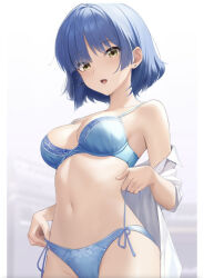 Rule 34 | 1girl, bare shoulders, blue bra, blue hair, blue panties, bocchi the rock!, bra, breasts, cleavage, earrings, jewelry, lace, lace-trimmed bra, lace-trimmed panties, lace trim, looking at viewer, medium breasts, medium hair, mole, mole under eye, navel, open clothes, open mouth, open shirt, oshikatsu, panties, ribs, shirt, side-tie panties, single earring, solo, teeth, underwear, untying, upper teeth only, white shirt, yamada ryo, yellow eyes