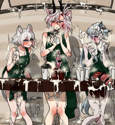Rule 34 | 3girls, animal ears, animal penis, apron, arknights, bar censor, blush, bukkake, bulge, censored, click (arknights), cum, cum in container, cum in cup, cum on floor, cum on hair, earthspirit (arknights), embarrassed, erection, erection under clothes, excessive cum, full-package futanari, futanari, goat horns, heavyrain (arknights), horns, horse ears, horse penis, horse tail, huge penis, huge testicles, iced latte with breast milk (meme), large testicles, long hair, looking at viewer, meme, mirin chikuwa, mouse ears, mouse tail, multiple girls, multiple penises, naked apron, penis, penis size difference, pigeon-toed, short hair, spot color, standing, tail, testicles
