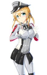 Rule 34 | 10s, 1girl, adapted costume, anchor hair ornament, blue eyes, bodysuit, corset, covered erect nipples, hair ornament, hands on own chest, hat, highres, kantai collection, latex, latex bodysuit, orange hair, peaked cap, prinz eugen (kancolle), shiny clothes, skin tight, skirt, smile, tamakko, twintails, white background