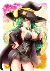 Rule 34 | 1girl, alternate costume, bare shoulders, breasts, cape, commentary request, cowboy shot, detached sleeves, eyes visible through hair, green hair, hair between breasts, hair between eyes, hair tubes, hand on own hip, hand up, hat, highres, index finger raised, kochiya sanae, large breasts, long hair, looking at viewer, low-tied long hair, osashin (osada), skirt, smile, solo, star (symbol), touhou, very long hair, wide sleeves, witch hat, yellow eyes