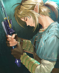 Rule 34 | 1boy, absurdres, arm guards, blonde hair, blue tunic, brown gloves, earrings, closed eyes, fingerless gloves, gloves, hair between eyes, head down, highres, holding, holding sword, holding weapon, jewelry, link, long sleeves, low ponytail, male focus, medium hair, nintendo, pointy ears, shirt, short ponytail, short sleeves, sidelocks, solo, sword, the legend of zelda, the legend of zelda: breath of the wild, upper body, weapon, white shirt, yurian (user utch8788)