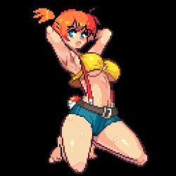 Rule 34 | 1girl, animated, animated gif, arms behind head, breasts, creatures (company), game freak, green eyes, kneeling, large breasts, misty (pokemon), nintendo, nipples, nude, one eye closed, orange hair, pixel art, pokemon, pokemon: the electric tale of pikachu, side ponytail, solo, third-party edit, transparent background, yumurama