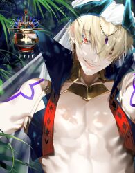 1boy au_(d_elete) blonde_hair character_name collarbone earrings eyelashes fate/grand_order fate_(series) gilgamesh gilgamesh_(caster)_(fate) gilgamesh_(fate) jewelry looking_at_viewer male_focus nipples parted_lips red_eyes short_hair solo turban upper_body