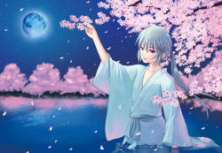 Rule 34 | 1boy, androgynous, cherry blossoms, earrings, full moon, jewelry, kasyu (pixiv412049), lake, light smile, male focus, moon, musou orochi, night, night sky, ponytail, purple eyes, reflection, robe, silver hair, sky, solo, star (sky), taigong wang, trap, tree