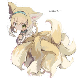 Rule 34 | 1girl, animal ear fluff, animal ears, arknights, artist name, bare shoulders, black collar, blonde hair, blue hairband, braid, braided hair rings, collar, commentary request, erandhl, fox ears, fox girl, fox tail, from behind, green eyes, hair between eyes, hair rings, hairband, highres, infection monitor (arknights), kitsune, kyuubi, looking back, material growth, multicolored hair, multiple tails, oripathy lesion (arknights), short hair, simple background, solo, suzuran (arknights), tail, twitter username, two-tone hair, white background, white hair