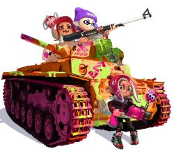 Rule 34 | 1boy, 2girls, :d, :o, beanie, beret, doitsuken, explosive, fang, grenade, grin, gun, hat, holding, holding gun, holding weapon, inkling, inkling boy, inkling player character, long sleeves, looking at viewer, military, military vehicle, motor vehicle, multiple girls, nintendo, octoling, octoling girl, octoling player character, open mouth, paint splatter, pantyhose, panzer iii, parted lips, shoes, smile, sneakers, splat charger (splatoon), splatoon (series), splatoon 2, tank, weapon