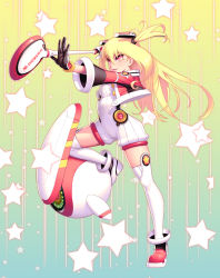 Rule 34 | 1girl, black gloves, blonde hair, boots, breasts, from side, full body, gloves, golf club, gradient background, holding, kamdia, leg up, long hair, medium breasts, outstretched arm, pangya, parted lips, red eyes, smile, solo, spika (pangya), standing, standing on one leg, star (symbol), starry background, striped, striped background, thigh boots, thighhighs, two side up, vertical stripes, white thighhighs