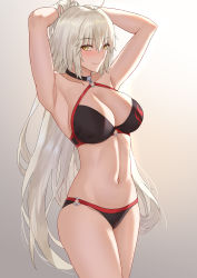 Rule 34 | 1girl, absurdres, ahoge, armpits, arms behind head, arms up, bare legs, bikini, blush, breasts, choker, cleavage, closed mouth, collarbone, fate/grand order, fate (series), freed turing, halterneck, halterneck, highres, jeanne d&#039;arc (fate), jeanne d&#039;arc alter (fate), jeanne d&#039;arc alter (swimsuit berserker) (fate), large breasts, linea alba, long hair, looking at viewer, navel, o-ring, o-ring bikini, smile, solo, swimsuit, very long hair, white hair, yellow eyes