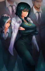 Rule 34 | 2boys, 2girls, blue hair, breasts, coat, dress, fubuki (one-punch man), fur coat, green eyes, head out of frame, highres, hip focus, jewelry, johnson zhuang, large breasts, matsuge (one-punch man), multiple boys, multiple girls, necklace, one-punch man, sansetsukon no lily, short hair, solo focus, thighs, yamazaru (one-punch man)