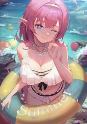 Rule 34 | 1girl, ;), absurdres, bare shoulders, bead necklace, beads, bikini, blue eyes, blurry, breasts, cleavage, closed mouth, collarbone, depth of field, elysia (honkai impact), frilled bikini, frills, hair intakes, hairband, hand up, highres, honkai (series), honkai impact 3rd, index finger raised, innertube, jewelry, large breasts, long hair, looking at viewer, necklace, ocean, one eye closed, pink hair, pink pupils, pointy ears, rubber duck, shengkai167, smile, solo, swim ring, swimsuit, very long hair, water, white bikini, white hairband