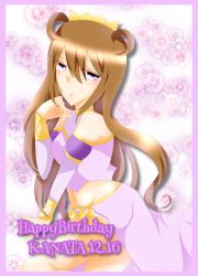 Rule 34 | 1girl, artist name, artist request, bare legs, blush, border, bracelet, breasts, brown hair, butterfly (love live!), choker, cleavage, clothing cutout, collarbone, cropped shirt, crown, detached sleeves, double bun, dress, dress shirt, earrings, female focus, flower print, gold bracelet, hair between eyes, hair bun, hair rings, half-closed eyes, harem outfit, highres, jewelry, konoe kanata, long hair, looking at viewer, love live!, love live! nijigasaki high school idol club, love live! school idol festival, navel, parted lips, pink border, puffy short sleeves, puffy sleeves, purple eyes, purple shirt, purple shorts, shirt, short sleeves, shorts, shoulder cutout, small breasts, smile, solo, two side up, white background, yellow bracelet, yellow choker