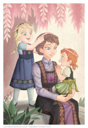 Rule 34 | 3girls, aged down, anna (frozen), blonde hair, braid, brown hair, carrying, child, child carry, dated, elsa (frozen), family, flower, frozen (disney), idunn (frozen), laikaken, mother and daughter, multiple girls, orange hair, own hands together, pantyhose, plant, siblings, single braid, sisters, sitting, standing, watermark, web address, white background, white legwear