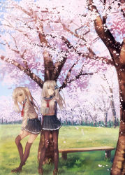 Rule 34 | 2girls, bench, blue eyes, book, brown eyes, brown footwear, cherry blossoms, grass, highres, holding, holding book, loafers, long hair, long sleeves, looking at viewer, miniskirt, multiple girls, navel, neckerchief, open book, original, outdoors, over-kneehighs, pantyhose, pleated skirt, red neckerchief, ryokucha manma, school uniform, serafuku, shoes, silver hair, skirt, thighhighs, twintails