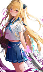 Rule 34 | 1girl, alternate costume, aqua neckerchief, arm at side, bag, blonde hair, blue sailor collar, blue skirt, blush, closed mouth, commentary, cowboy shot, eyelashes, floating hair, hair between eyes, hair intakes, highres, holding, holding bag, knife, konjiki no yami, lips, long hair, looking at viewer, miniskirt, nakano maru, neckerchief, pleated skirt, red eyes, sailor collar, school bag, school uniform, serafuku, shirt, short sleeves, sidelocks, signature, simple background, skirt, solo, standing, straight hair, to love-ru, transformation, two side up, very long hair, white background, white shirt