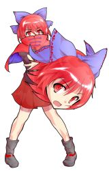 Rule 34 | 1girl, black footwear, black shirt, blue bow, boots, bow, cape, dairi, disembodied head, full body, hair bow, long sleeves, looking at viewer, miniskirt, open mouth, red cape, red eyes, red hair, red skirt, sekibanki, shirt, short hair, skirt, solo, standing, tachi-e, touhou, transparent background
