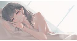 Rule 34 | 1girl, backlighting, black hair, blanket, blue eyes, blush, collarbone, dutch angle, enushi, highres, idolmaster, idolmaster cinderella girls, jewelry, letterboxed, long hair, looking at viewer, nude, on bed, one side up, parted lips, pillow, pov across bed, ring, sakuma mayu, smile, solo, under covers, upper body
