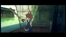 Rule 34 | 1boy, animal ears, baseball bat, brown hair, child, dog ears, dog tail, furry, furry male, holding, holding baseball bat, letterboxed, male focus, nishi (nishiko24), open mouth, original, overalls, profile, short hair, solo, standing, tail