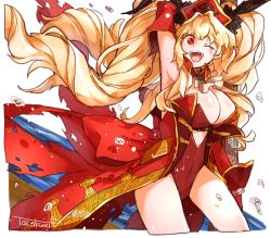 Rule 34 | 1girl, anne bonny (fate), armpits, blonde hair, breasts, choker, cleavage, coat, covered navel, ascot, detached sleeves, fate/grand order, fate (series), hat, leotard, long hair, one eye closed, open mouth, red eyes, twintails, wink