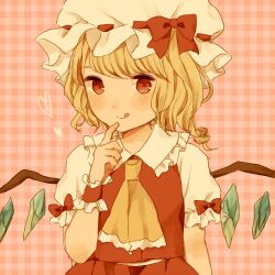 Rule 34 | 1girl, :q, ascot, blonde hair, bow, closed mouth, collared shirt, commentary, cowboy shot, crystal, finger to mouth, flandre scarlet, frilled ascot, frilled shirt collar, frills, hat, hat ribbon, heart, highres, ichigo (ichigoxxusagi), looking at viewer, mob cap, one side up, pink background, plaid, plaid background, puffy short sleeves, puffy sleeves, red bow, red eyes, red ribbon, red skirt, ribbon, ribbon-trimmed headwear, ribbon trim, sepia, shirt, short sleeves, simple background, skirt, skirt set, sleeve bow, solo, symbol-only commentary, tongue, tongue out, touhou, white hat, white shirt, wings, wrist cuffs, yellow ascot