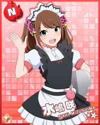 Rule 34 | 10s, 1boy, apron, blush, border, brown hair, card (medium), character name, crossdressing, dress, green eyes, idolmaster, idolmaster side-m, long hair, looking at viewer, maid, maid apron, maid headdress, male focus, mizushima saki, official art, open mouth, red border, smile, solo, trap, twintails