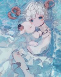 Rule 34 | 1girl, 1other, blue eyes, broken horn, closed eyes, commentary request, creature, crying, crying with eyes open, curled horns, dress, frilled shirt collar, frills, highres, horns, hug, light smile, lying, medium hair, mercure 1104, original, partially submerged, tears, water, wavy hair, white dress, white hair