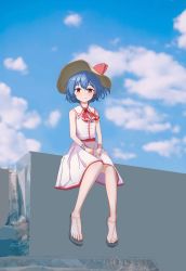 Rule 34 | 1girl, absurdres, adapted costume, blue hair, blue sky, blush, cloud, cloudy sky, day, dress, flat chest, hat, hat shop, highres, outdoors, red eyes, remilia scarlet, ribbon, short hair, sitting, sky, smile, solo, sun hat, toes, touhou, white dress