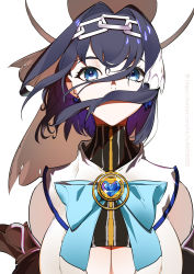 Rule 34 | 1girl, absurdres, blue bow, blue eyes, blue hair, bow, breasts, chain, cleavage, cleavage cutout, clothing cutout, detached sleeves, eyebrows hidden by hair, floating hair, hairband, highres, hololive, hololive english, hu tu, huge breasts, ouro kronii, portrait, short hair, solo, sparkle, underboob, virtual youtuber, white background