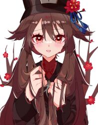 Rule 34 | 1girl, black coat, blush, branch, brown hair, coat, commentary request, flower, flower-shaped pupils, genshin impact, hat, hat flower, hat tassel, highres, hu tao (genshin impact), long hair, long sleeves, looking at viewer, neinei, orange eyes, parted lips, partial commentary, red shirt, shirt, simple background, smile, solo, sweat, symbol-shaped pupils, twintails, upper body, white background