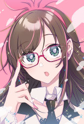 Rule 34 | 1girl, black necktie, brown hair, commentary request, eyes visible through hair, glasses, green eyes, hairband, head tilt, heart, heart in eye, highres, kizuna ai, kizuna ai (elegant), kizuna ai inc., long hair, looking at viewer, multicolored hair, nail polish, necktie, open mouth, pink background, pink hair, pink hairband, pink nails, pochi (pochi-goya), portrait, red-framed eyewear, simple background, solo, streaked hair, symbol in eye, two-tone hair, virtual youtuber