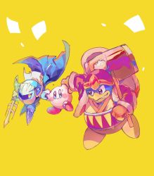 Rule 34 | 3boys, armor, bad id, bad twitter id, beanie, blue eyes, blush stickers, cape, coat, commentary request, crying, falling, fur-trimmed coat, fur trim, galaxia (sword), grin, hat, highres, holding, holding hands, holding sword, holding weapon, japanese clothes, king dedede, kirby, kirby (series), looking at another, mallet, mask, meta knight, mittens, multiple boys, nintendo, obi, oversized object, pauldrons, raised eyebrow, red coat, red headwear, sash, shoulder armor, simple background, smile, solid oval eyes, sword, tomatojuice1923, wavy mouth, weapon, yellow background, yellow eyes