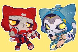 1boy 1girl abyuramu_yukidaruma android animal_ears animification apex_legends ash_(titanfall_2) bandana black_sclera blue_leotard cat_ears cat_tail chibi classic_revenant claws colored_sclera cracked_skin fang grey_sclera highres hood hood_up hooded_leotard humanoid_robot kemonomimi_mode leotard looking_at_viewer metal_skin red_bandana red_scarf revenant_(apex_legends) robot scarf simulacrum_(titanfall) smile tail yellow_background yellow_eyes