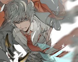Rule 34 | 1boy, animal ears, blood, blood on face, clenched teeth, collared shirt, erune, granblue fantasy, grey jacket, hair between eyes, jacket, male focus, necktie, nehan (granblue fantasy), shirt, silver hair, solo, suou (sdurorhr), teeth, white background, white shirt