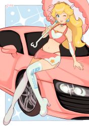 Rule 34 | 1girl, alternate costume, artist name, audi, audi r8, blonde hair, blue eyes, boots, breasts, car, character name, choker, cleavage, commentary, earrings, english commentary, female focus, high heel boots, high heels, highres, holding, holding umbrella, jewelry, jivke, leaning against vehicle, long hair, looking at viewer, mario (series), midriff, motor vehicle, navel, nintendo, one eye closed, over shoulder, pencil skirt, princess peach, race queen, skirt, small breasts, solo, sphere earrings, thick lips, thighhighs, umbrella, wink
