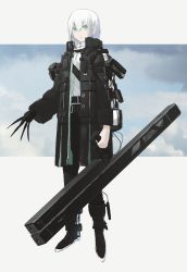 Rule 34 | 1girl, absurdres, asteroid ill, bad id, bad twitter id, belt, black coat, black legwear, black pants, boots, cloud, coat, expressionless, full body, green eyes, hair ornament, hairclip, high collar, highres, holding, holding weapon, iz (asteroid ill), jacket, long hair, mechanical arms, neon trim, numbered, open clothes, open coat, original, pants, shirt, single mechanical arm, solo, standing, straight hair, weapon, white hair, white shirt, wire, zipper
