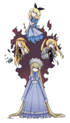 Rule 34 | 4girls, absurdres, alice (black souls), black bow, black liquid, black souls, blonde hair, blue bow, blue bowtie, blue dress, blue eyes, bonnet, bow, bowtie, closed mouth, doll joints, dress, edith (black souls), fire, frilled dress, frills, hair bow, hat, head wreath, heart, highres, joints, long hair, looking at viewer, lorina (black souls), multiple girls, pill, pill bottle, rabbit king, short hair, siblings, simple background, sisters, sleeves past fingers, sleeves past wrists, smile, spoilers, twintails, vomiting, white background, white hat