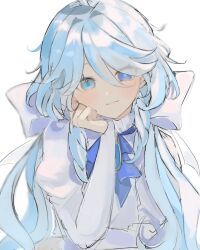 Rule 34 | 1girl, ahoge, aroha252538, ascot, blue ascot, blue brooch, blue eyes, blue hair, blush, closed mouth, furina (genshin impact), genshin impact, hair between eyes, hand on own chin, heterochromia, highres, light blue hair, long hair, long sleeves, looking at viewer, multicolored hair, sidelocks, simple background, smile, solo, streaked hair, two-tone hair, upper body, white background