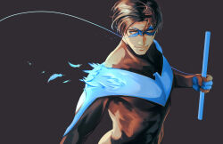 Rule 34 | 1boy, batman (series), baton (weapon), black bodysuit, black hair, blue bodysuit, bodysuit, closed mouth, dc comics, dick grayson, domino mask, feathers, grey background, highres, holding, holding weapon, male focus, mask, muscular, muscular male, nichasheng, nightwing, short hair, simple background, smile, solo, superhero costume, two-tone bodysuit, upper body, weapon