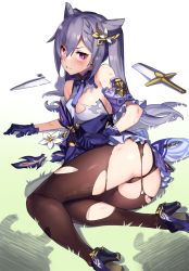 Rule 34 | 1girl, 92m, arm guards, ass, bare shoulders, black panties, blush, breasts, broken, broken sword, broken weapon, brown pantyhose, clenched teeth, cone hair bun, defeat, dress, flower, frilled gloves, frills, genshin impact, gloves, grass, hair bun, hair ornament, high heels, highres, hilichurl (genshin impact), injury, keqing (genshin impact), long hair, looking at viewer, looking up, medium breasts, on ground, out of frame, panties, pantyhose, purple dress, purple eyes, purple gloves, purple hair, shadow, sidelocks, sleeveless, sleeveless dress, solo, sweat, sword, teeth, thighs, torn clothes, torn pantyhose, twintails, underwear, weapon