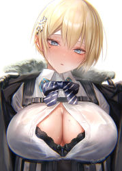 Rule 34 | 1girl, absurdres, black bra, black gloves, black jacket, blonde hair, blue bow, blue bowtie, blue eyes, blush, bow, bowtie, bra, breasts, buckle, chromatic aberration, cleavage, collared shirt, fur-trimmed jacket, fur trim, girls&#039; frontline, gloves, hair ornament, highres, jacket, lace, lace-trimmed bra, lace trim, large breasts, lifting own clothes, looking at viewer, mole, mole on breast, mole under eye, open clothes, open shirt, parted lips, pottsness, shirt, short hair, sidelocks, simple background, snap-fit buckle, snowflake hair ornament, solo, striped bow, striped bowtie, striped clothes, striped neckwear, sweat, taut clothes, twitter username, underwear, upper body, vsk-94 (girls&#039; frontline), white background, white shirt